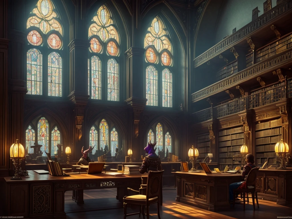 a fantastical old library, majestic, huge, bioluminescent mineral gems illuminating the interior, large stained glass window in the background, desks and chairs, (best quality,8k,highres,masterpiece:1.2),ultra-detailed,realistic,photorealistic,photo-realistic:1.37,ornate,medieval,dramatic lighting,intricate architecture,detailed textures,moody atmosphere,warm colors, with some Librarian Kobolds from a distance in the background, Kobolds, scalie, anthro, kobold female, kobold male, women, men, flat chested, flat breasts, horns  