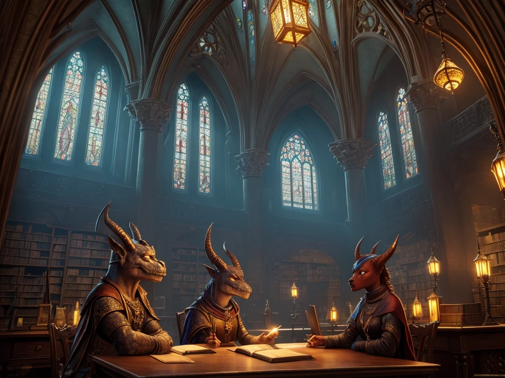 a fantastical old library, majestic, huge, bioluminescent mineral gems illuminating the interior, large stained glass window in the background, desks and chairs, (best quality,8k,highres,masterpiece:1.2),ultra-detailed,realistic,photorealistic,photo-realistic:1.37,ornate,medieval,dramatic lighting,intricate architecture,detailed textures,moody atmosphere,warm colors, with some Librarian Kobolds from a distance in the background, Kobolds, scalie, anthro, kobold female, kobold male, women, men, flat chested, flat breasts, horns  