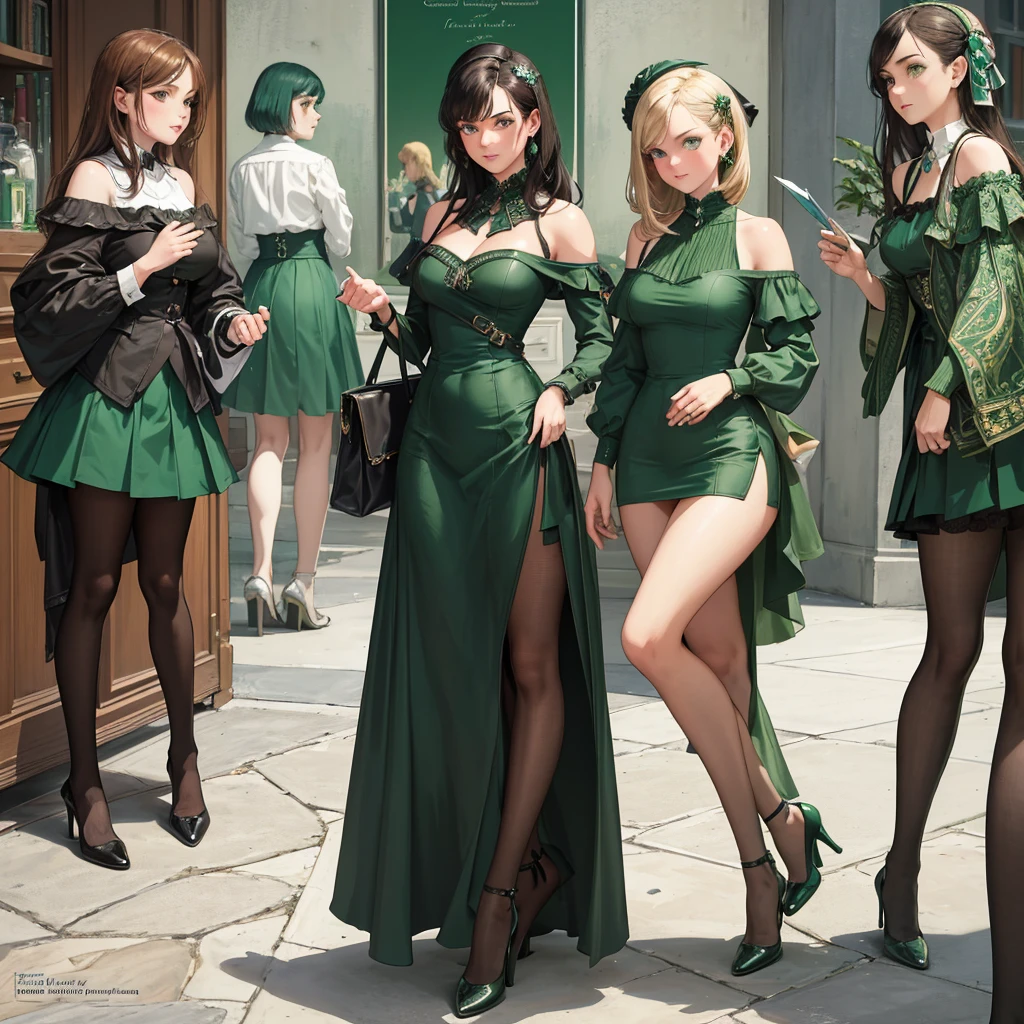 (masterpiece), (best quality), (The finest details), (General view from a distance), (Paper with worn edges),(Illustration main color: Emerald green), (Secondary Color: Cinnamon), A very beautiful group of schoolgirls，Sexy pose, very detailed face, Retro poster 60s with futuristic lettering&#39;, Western Future Scenery, night (Many stars, moon), shadow (detailed, Strong contrast)