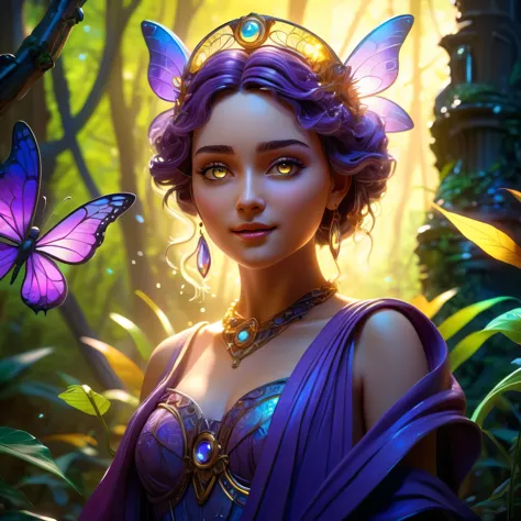 1girls, ,,simper smile, high-definition image, a woman, her hair adorned with glowing fireflies, eyes shimmering with enchantmen...