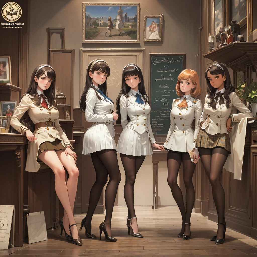 (masterpiece), (best quality), (The finest details), (General view from a distance), (Paper with worn edges), (Secondary Color: Cinnamon), A very beautiful group of schoolgirls，Sexy pose, very detailed face, Retro poster 60s with futuristic lettering&#39;, Western Future Scenery, night (Many stars, moon), shadow (detailed, Strong contrast)