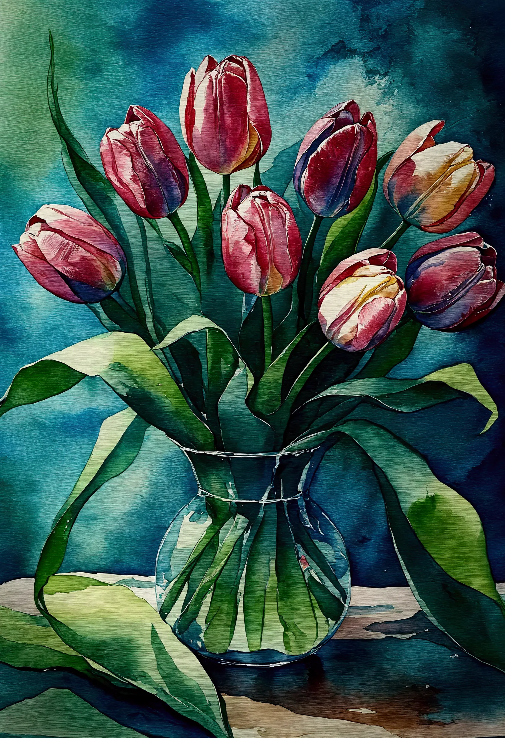 tulip flower arrangement, intricate detailed glass vase, gorgeous arrangement with pink tulips, 
watercolor painting, masterpiec...