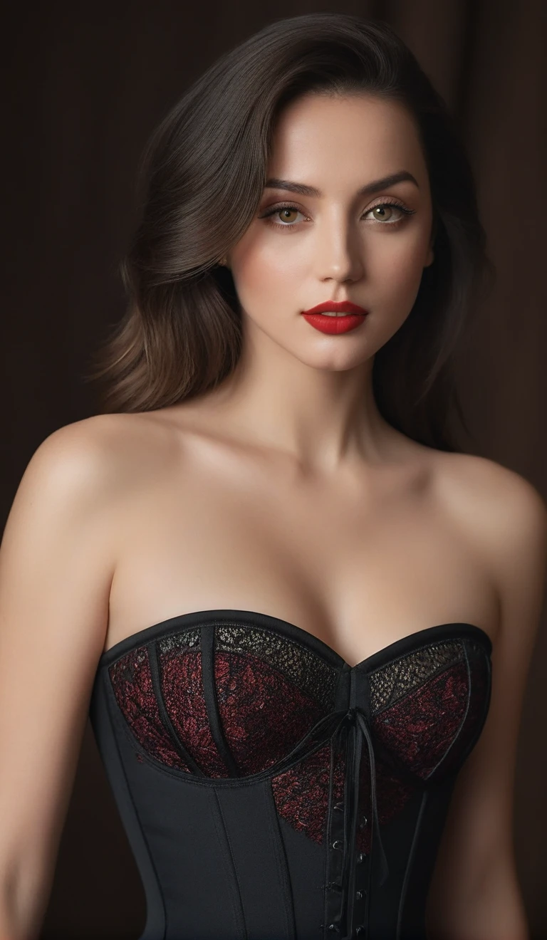 (best quality,4k,8k,highres,masterpiece:1.2),ultra-detailed,(realistic,photorealistic,photo-realistic:1.37),beautiful eyes,beautiful lips,detailed face,red lipstick,gorgeous woman, sexy black dress, sexy elegant fashion model, sexy elegant look,long eyelashes,confident expression,flawless skin,posing gracefully sexy,head to stomach shot, black mesh strapless corset, sexy naked medium Breasts,flowing fabric,soft and silky material,graceful movement,vibrant colors,artistic lighting,studio photo shoot, dreamy atmosphere