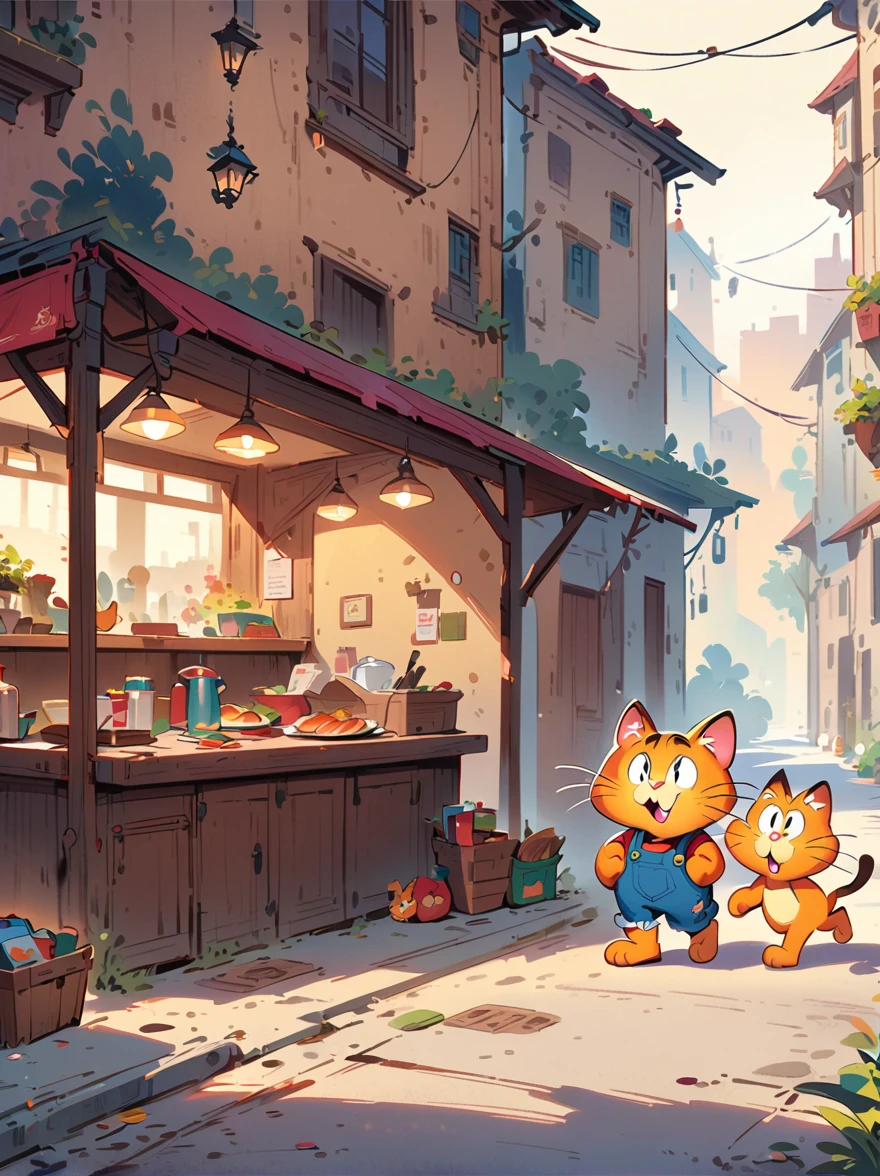 masterpiece, best quality, highres, concept art, art by Richard Scarry, a children's book illustration, Garfield cat, working at butcher's stall, warm lighting, cozy atmosphere, vibrant colors, cinematic composition