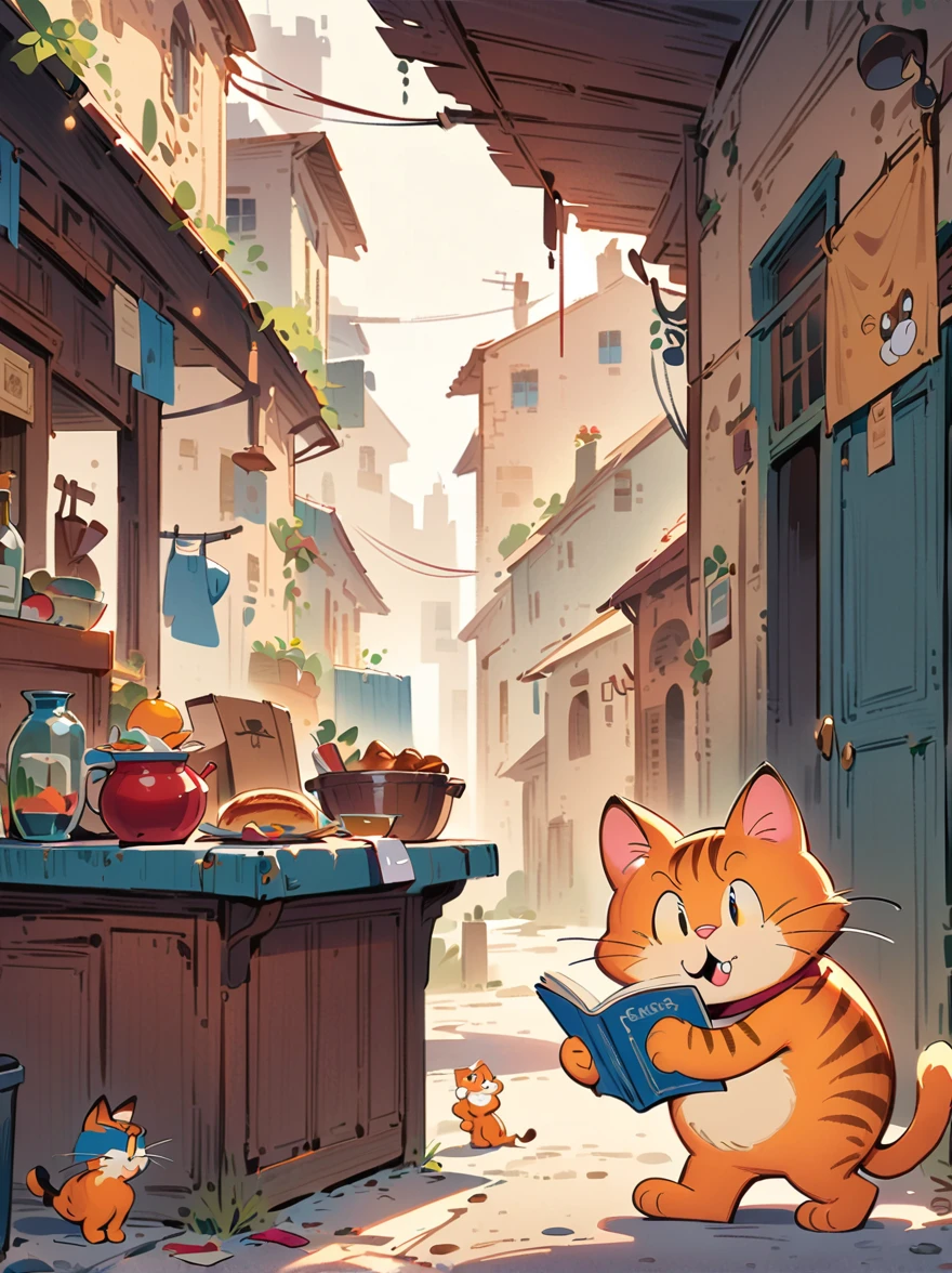 masterpiece, best quality, highres, concept art, art by Richard Scarry, a children's book illustration, Garfield cat, working at butcher's stall, warm lighting, cozy atmosphere, vibrant colors, cinematic composition