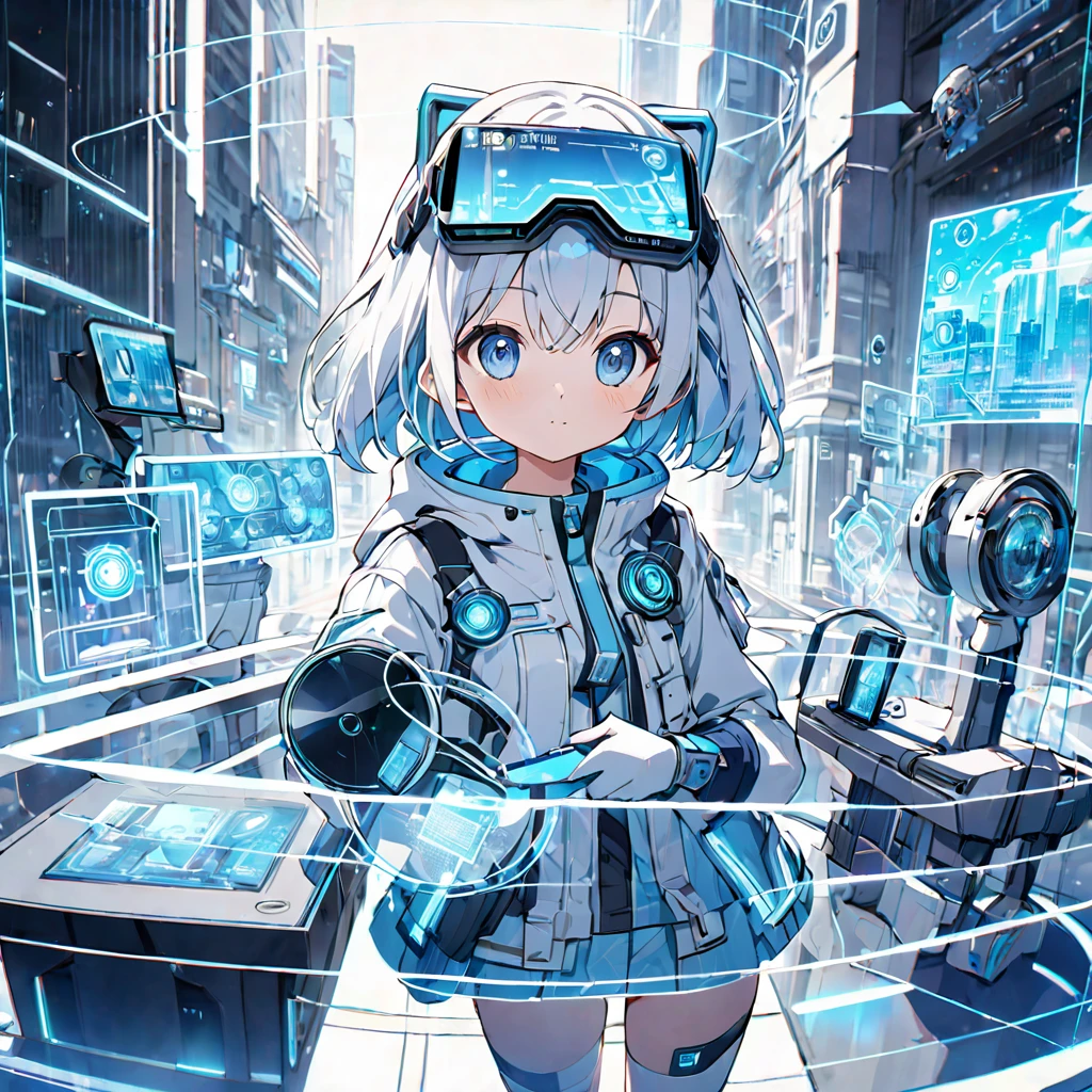 Background features: Future City、Holographic display character: 
  Costume: Futuristic explorer outfit、Blue and white color palette gadget: High-tech equipment and devices pose: A hologram is displayed on the hand
