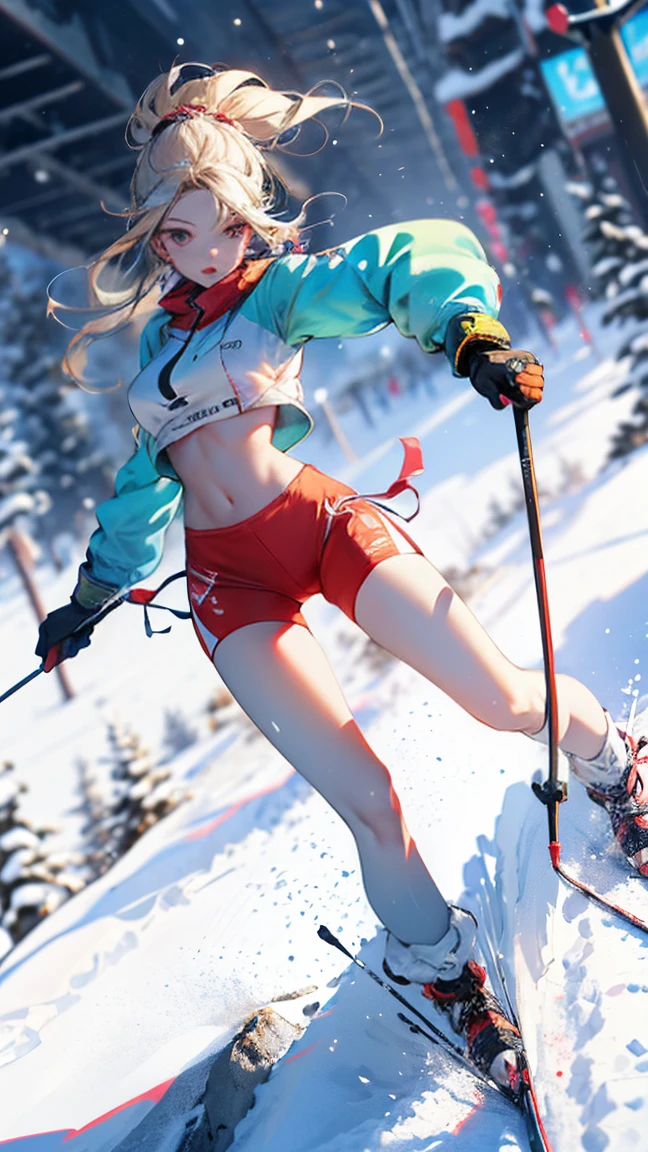 dynamic poses, full body image, super wide angle, A girl wearing fluorescent red clothes skiing in the snow, Meticulous attention to clothing and fashion, action, Gym_, exposed abdomen, (Slim:1.1), (long legs:1.3), (Slim legs:1.2), Background is snow, 3D rendering, Overclocked renderer, 8K， big breast