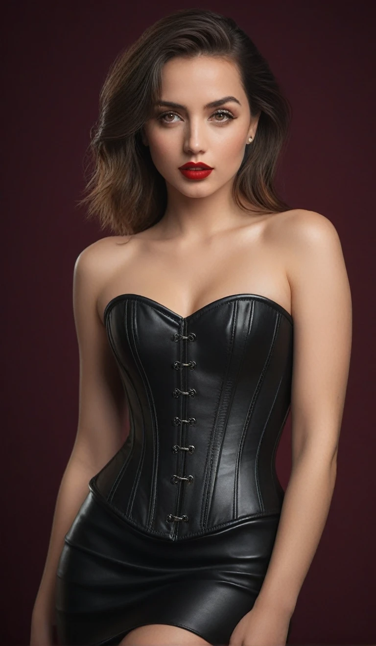 (best quality,4k,8k,highres,masterpiece:1.2),ultra-detailed,(realistic,photorealistic,photo-realistic:1.37),beautiful eyes,beautiful lips,detailed face,red lipstick,gorgeous woman, sexy black leather dress, sexy elegant fashion model, sexy elegant look,long eyelashes,confident expression,flawless skin,posing gracefully sexy,head to stomach shot, black leather strapless mini corset,bare stomach,sexy naked medium Breasts,flowing fabric,soft and silky material,graceful movement,vibrant colors,artistic lighting,studio photo shoot, dreamy atmosphere