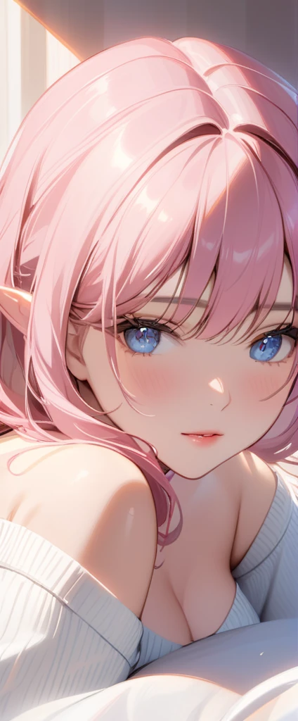 masterpiece, top quality, Super details, 8K, Detail lights, Detailed shadows, raw, (delicate skin), (real: 1.2),, 1 girl, pinkhair, White sexy sweaters，Eye close-up，bed