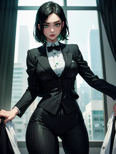 a woman. black pinstripe suit. white shirt.  green eyes. green lipstick. green and black hair. small breast