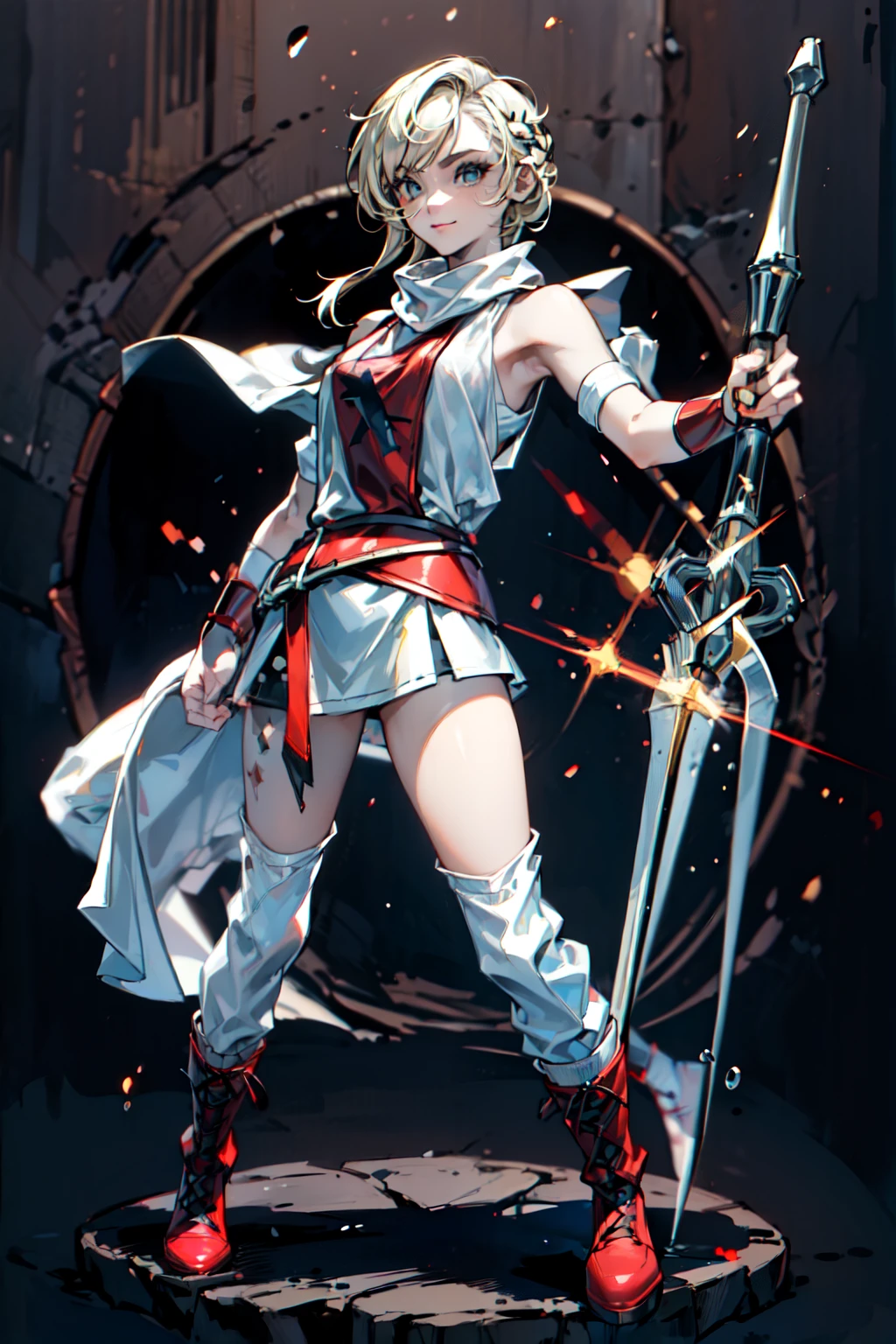 (masterpiece, best quality:1.2), perfect eyes, perfect face, ultra detailed face , strong make up, highres, 1 girl, solo, make up, (female:1.5),satin, white anciente greek clothes, sleeveless turtleneck, bracer, evil smile, standing, portrait, looking at viewer, giant sword on the back, long leather boots, fullbody shot