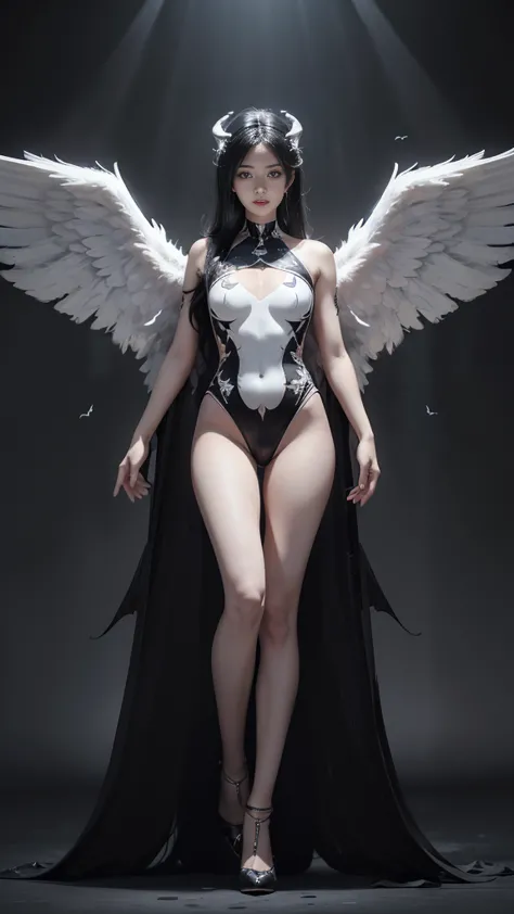 emphasis on wings, wings on shoulder, angel wings and devil wings, white wings and black wings, (realistic picture, highest reso...