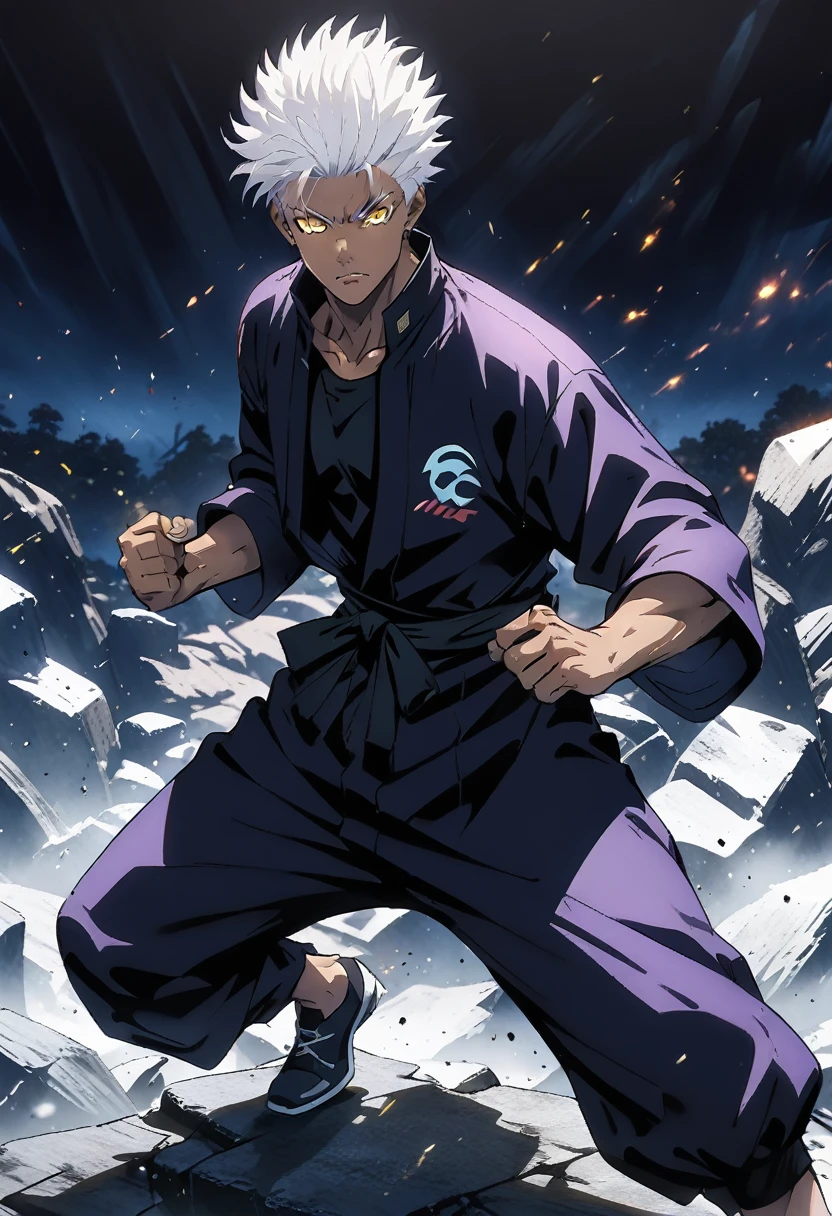 A guy in a dynamic fighting stance, 1 guy, dark skin, morioh background, super power, snow white hair, spikey hair, short hair, hair flows back, fade haircut, sparkling eyes, yellow eyes, toned build, lean, cool clothing, baggy clothing, martial arts themed clothing, masterpiece, best quality, perfect lighting, anime style, vivid colors, full body