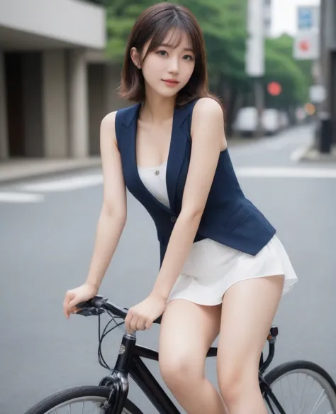 8k, photo realistic, scores 9, 8, 7, 6, medium closeup, detailed, very sharp, vivid, solo, biking through tokyo street, high hee...