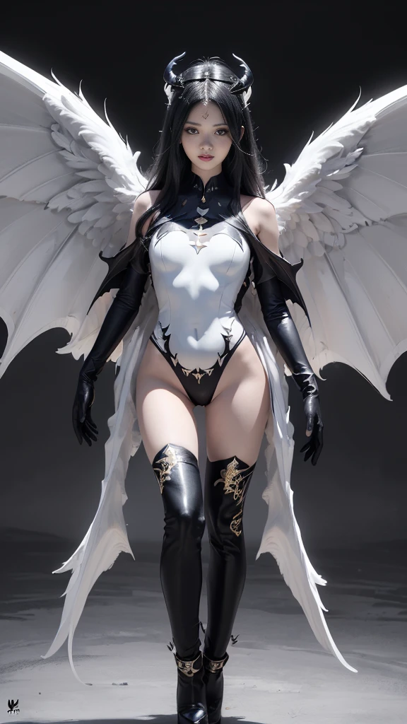 emphasis on wings, wings on shoulder, Angel wings and devil wings, white wings and black wings, (Realistic picture, highest resolution, 16ก), (A demon god with wide wings and enormous power on his shoulders..., Twelve wings on the shoulders., black bat wings:1.3 white angel wings:1.5), 6 angel wings, 6 devil wings, (Beautiful girl with two meter long hair, shiny black hairงาม, Smooth white skin, Lips are very red.), ((stand, already)), (big breasts, หัวBig tits), (gigantic breast, breast augmentation, Breast 400 cc., small waist, hips raised, small thighs, Long legs), (dynamic poses), (Armor that slightly conceals the body), Separate theme, (Angel wings and devil wings), floating in the air above the groundดิน, background darkness, Embraced with twelve wings, The horns that grow from the head are like a crown., He who has light, wears little armor, There is power coming out of the body., sparkling wings, white light black light, amazing wings, beautiful gesture, 8K resolution, Resolution 4000 x 2250 pixels, beautiful gesture, Angel wings and devil wings, (Realistic picture, highest resolution, 16K), (A demon god with wide wings and enormous power on his shoulders.., Twelve wings on the shoulders., black bat wings:1.3 white angel wings:1.5), Angel wings and devil wings, white wings and black wings,, Have wings 100 Have wings 1000, Angel wings and bat wings, wings inserted between wings, 12 wings, 6 angel wings, 6 bat wings, Angel wings and devil wings, white wings and black wings,, (Beautiful girl with two meter long hair, shiny black hair, Smooth white skin, Lips are very red.), very long hair, ((stand, toe)), (big breastsโต, หัวBig tits), (gigantic breast, small waist, hips raised, small thighs, Long legs), (dynamic poses), (black and white leotard, There are beautiful patterns., Decorated with gold embroidery., Show off your chest), Separate theme, (Angel Wings and Demon Lord Wings), floating in the air above the ground, background darkness, Embraced with twelve wings, He is white and black., A rainbow glow on the back of the head, The most busty breasts, Big tits, universe backdrop, dynamic gesture, Drive the skin, Smooth white skin, (The wings are in layers, alternating with white, alternating with black. The wings are alternating with layers of white, alternating with layers of black, and alternating again.), gold pattern set,  A gigantic rift, large breasts, Breast augmentation, Big titsโคตรๆ