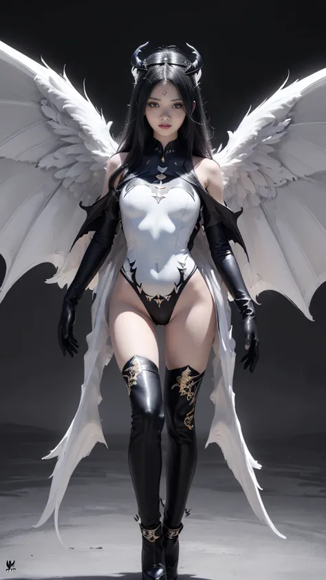 emphasis on wings, wings on shoulder, angel wings and devil wings, white wings and black wings, (realistic picture, highest reso...