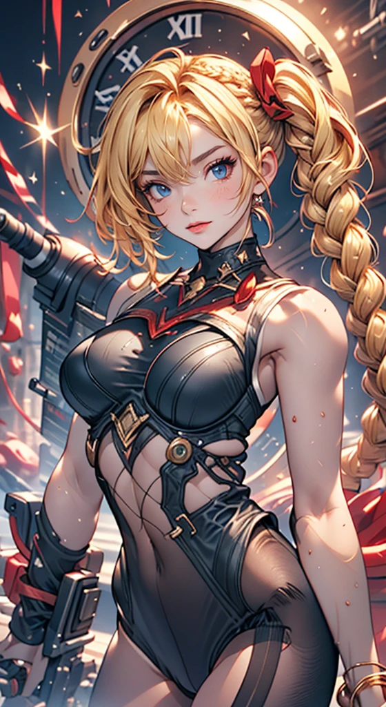 Optimal，masterpiece，centered, High resolution，highest quality，Hyper HD，Very detailed，Award-winning，16k，alone，（Upper Body），Correct Anatomy，Beautiful Cyberpunk Girl，Upper body photos、Cute face，，blonde、Long Hair、Twin tails、Braid, Hairline，（（Scarlet Eyes）），Long eyelashes，Drooping eyelids，White skin，((Shoot from the front:1.5)), ((leotard:1.5)), Clock Top、rocket , (Large Breasts),