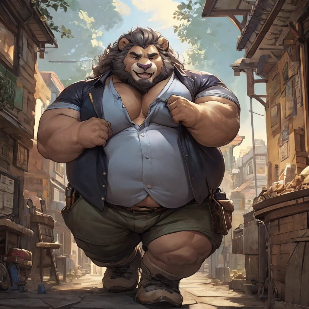 Epic Dungeons and Dragons Zootopia style, All Citizen obese Zootopia village, Dungeons and Dragons Zootopia obese quest style, wearing ragged and poor clothes, He returns from his adventure with a huge, obese muscle body as a reward for his adventure walking through the town proud of his size, Anime serie,  Chubby, fat, male  middle aged, anthro lion, thin beard, flirting  , big chest, dynamic light, tall, opened Shirt, thick shirt ,Gray hair and beard, extremely hot and sexy, Daddy figure, hot daddy, boss, by darkgem, by zixiong, by glitter trap boy