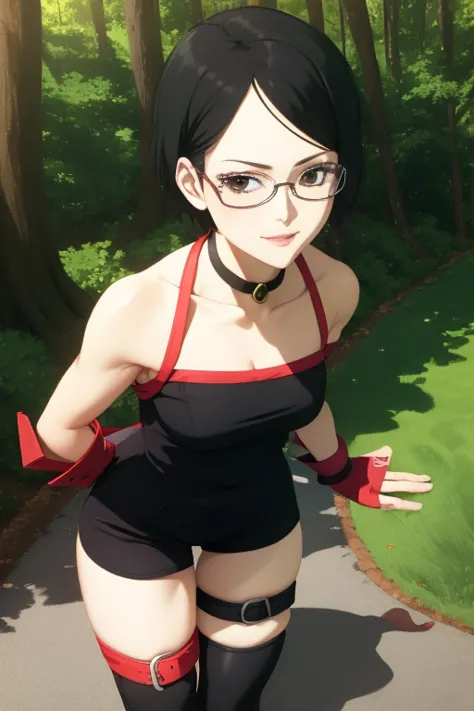 anime screencap, anime coloring, 1girl,solo,black hair,short hair,forehead protector, (dress:1.1),bare shoulders, arm warmers,( ...