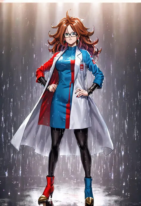 woman, android 21, human, long hair, blue eyes, brown hair, hair between eyes, earclip, hoop earrings, nail polish, glasses, lab...