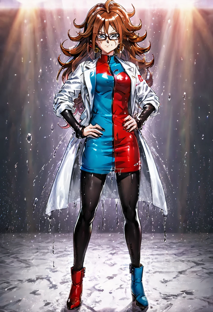 woman, android 21, human, long hair, blue eyes, brown hair, hair between eyes, earclip, hoop earrings, nail polish, glasses, labcoat, a21 dress, black pantyhose, a21 boots, logo print, standing, (wetting herself:1.5), best quality, ultra-detailed, HDR, studio lighting, professional, vivid colors, sharp focus, bokeh, landscape, soft lighting, dynamic shadows, (embarrassed:1.5), (humiliation:1.5), (blushing:1.5), (wavy mouth:1.75), (smile:1.5), nervous, (nervous smile:2.0), (sweating:2.0), facing viewer, (hands on hips:2.0)