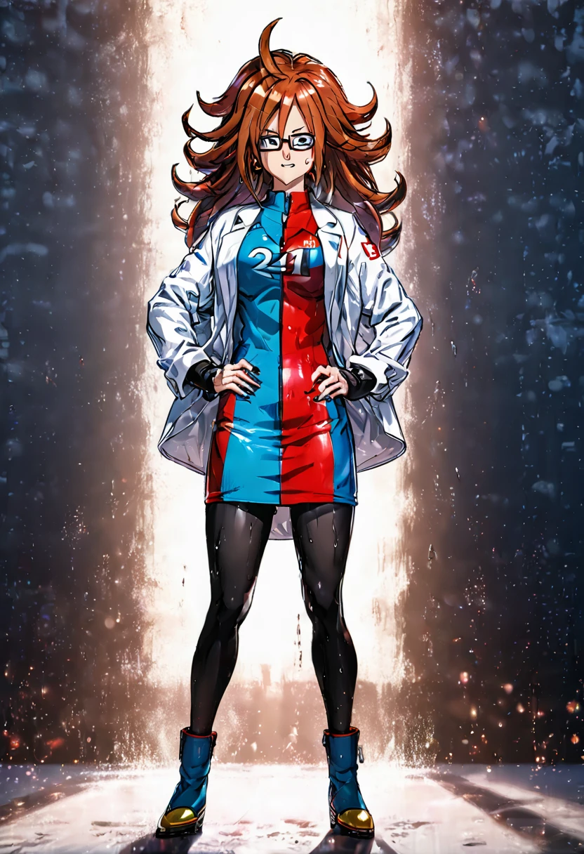 woman, android 21, human, long hair, blue eyes, brown hair, hair between eyes, earclip, hoop earrings, nail polish, glasses, labcoat, a21 dress, black pantyhose, a21 boots, logo print, standing, (wetting herself:1.5), best quality, ultra-detailed, HDR, studio lighting, professional, vivid colors, sharp focus, bokeh, landscape, soft lighting, dynamic shadows, (embarrassed:1.5), (humiliation:1.5), (blushing:1.5), (wavy mouth:1.75), (smile:1.5), nervous, (nervous smile:2.0), (sweating:2.0), facing viewer, (hands on hips:2.0)