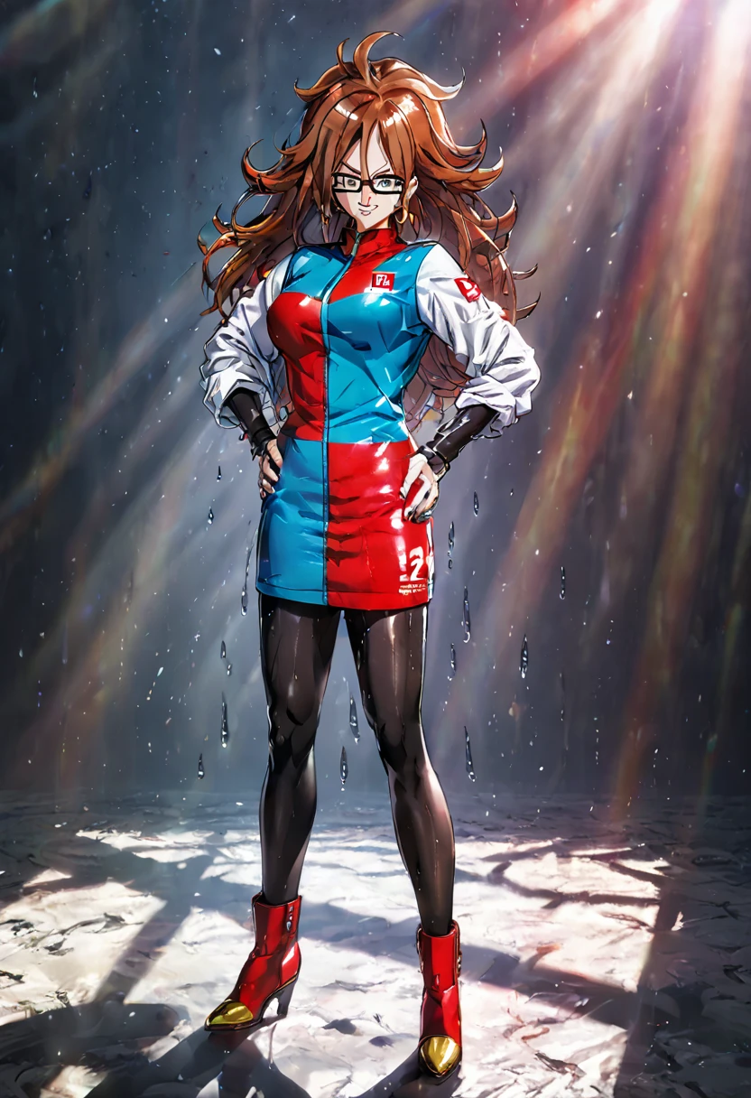 woman, android 21, human, long hair, blue eyes, brown hair, hair between eyes, earclip, hoop earrings, nail polish, glasses, labcoat, a21 dress, black pantyhose, a21 boots, logo print, standing, (wetting herself:1.5), best quality, ultra-detailed, HDR, studio lighting, professional, vivid colors, sharp focus, bokeh, landscape, soft lighting, dynamic shadows, (embarrassed:1.5), (humiliation:1.5), (blushing:1.5), (wavy mouth:1.75), (smile:1.5), nervous, (nervous smile:2.0), (sweating:2.0), facing viewer, (hands on hips:2.0)