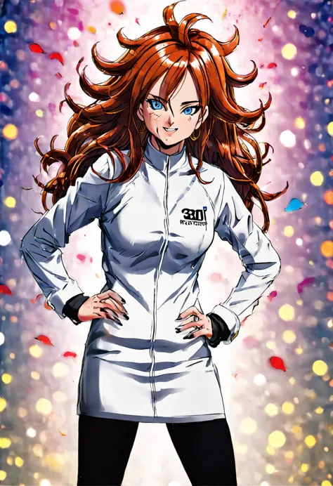 woman, android 21, human, long hair, blue eyes, brown hair, hair between eyes, earclip, hoop earrings, nail polish, glasses, lab...