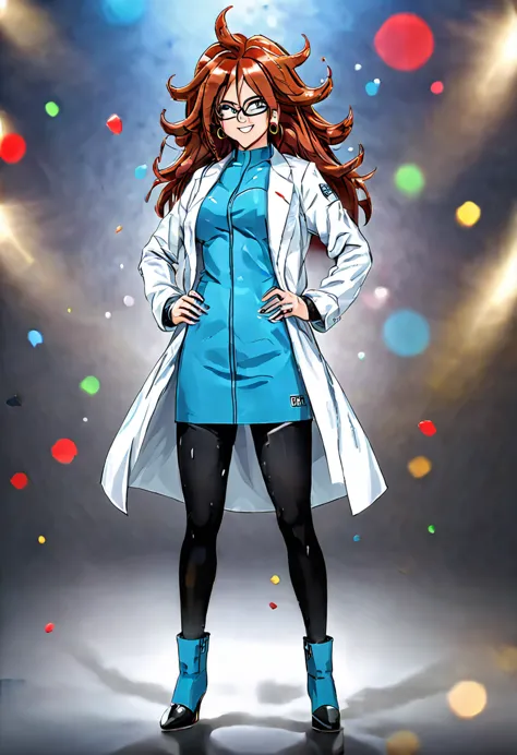 woman, android 21, human, long hair, blue eyes, brown hair, hair between eyes, earclip, hoop earrings, nail polish, glasses, lab...