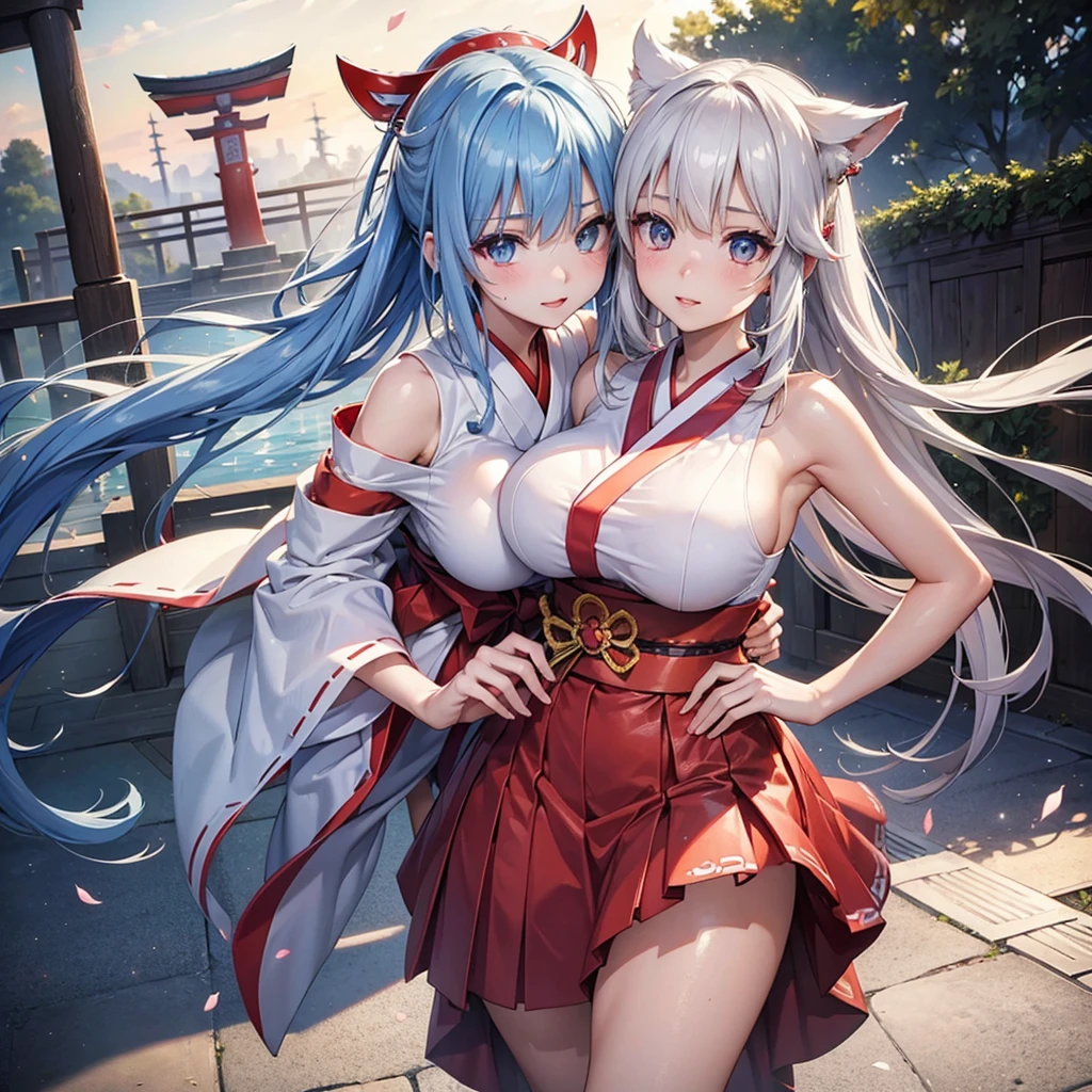 (Absurd Resolution:1.2), (ultra delicate:1.2), (masterpiece:1.2), (Photorealistic), (top-quality), BREAK Two girls of different heights hugging each other, the older one has very long blue hair, the younger one has silver hair in twin tails, One girl is looking at the other with a blissful expression, BREAK (cute girls), (finely detailed eyes and finely detailed face:1.2),  BREAK (ultra fine-cute-eyes:1.3), (Expression ultra detailed Glitter Pupil), (ultra detailed Expression eyelashes), (beautiful Glossy lips), BREAK (slim body and gigantic breasts:1.3), narrow waist, leggy, curvy is body without muscles, BREAK (glossy realistic skin texture:1.2), (sweaty skin:1.0), precise anatomy, (4 defined fingers), (1 defined thumb), Happy smile, BREAK (ultra delicate shrine maiden outfit, red skirt, miko:1.2), BREAK Seductive pose, (Crisp focus, eye focus:1.2), (full body shot, shoot from front, high angle shot), Magnificent Japanese Shrines, Shining particles of light dance, professional lighting, atmospheric 