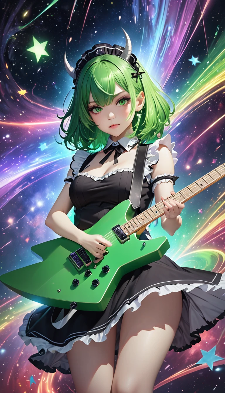 female demon with green as a base, green hair, maid outfit, playing a star-shaped deformed electric guitar, background galaxy, octagram, shading effects, gradation magic effects, (ultra detailed, absolutely resolution, best quality:1.3), 2.5D, delicate and dynamic, artistic photography, hyper realistic, graphic CG digital art