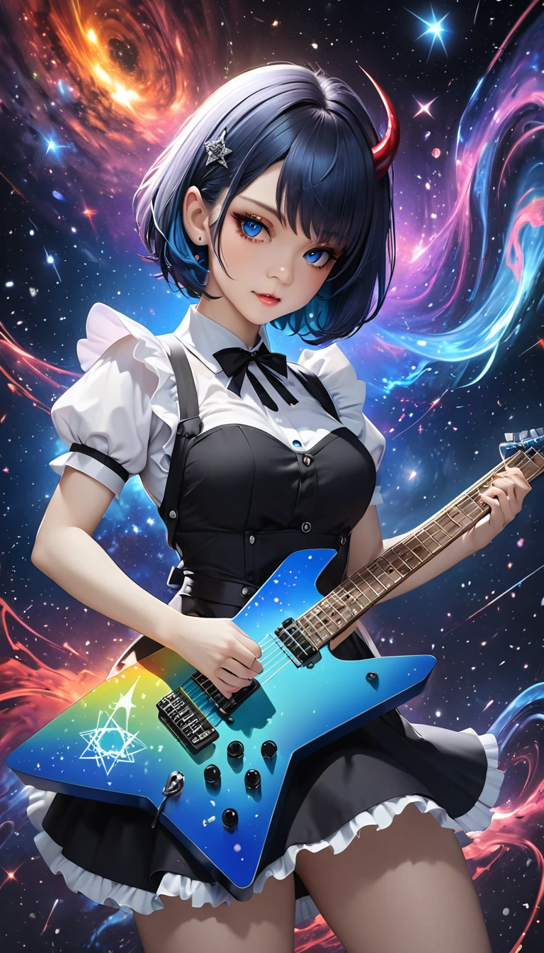 female demon with blue as a base, blue short hair, maid outfit, playing a star-shaped deformed electric guitar, background galaxy, octagram, shading effects, gradation magic effects, (ultra detailed, absolutely resolution, best quality:1.3), 2.5D, delicate and dynamic, artistic photography, hyper realistic, graphic CG digital art