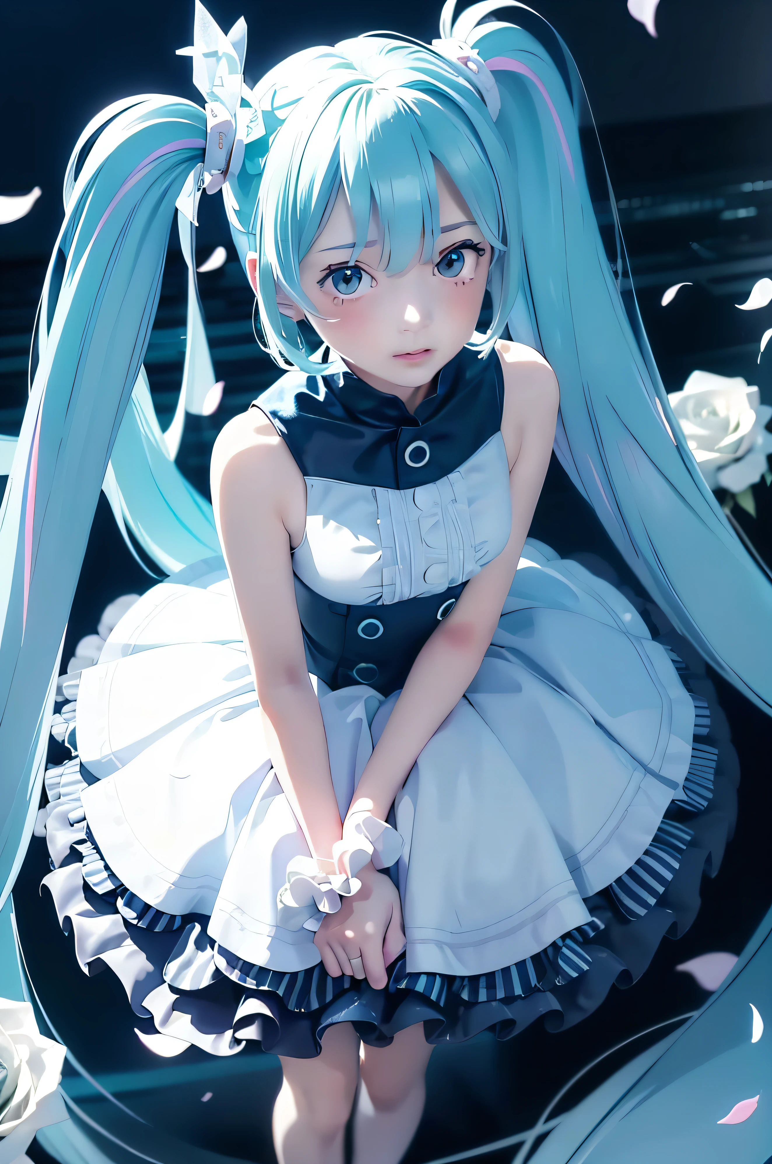 Face Focus, masterpiece, Highest quality, One girl, hatsune miku, White Rose, petal, Night Background, Glow worms, Particles of light, alone, Futa-tailed light blue hair, Aqua Eye, Are standing, irritating, Depth of written boundary, Structure of the film, Best lighting, look up