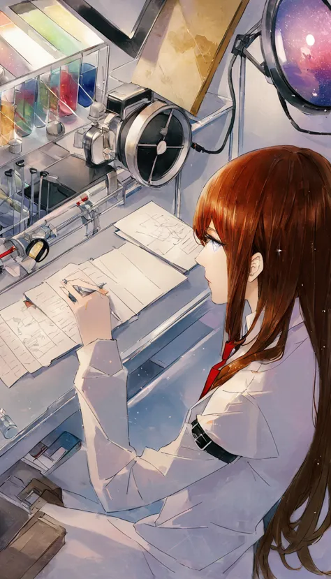 (one girl), makise kurisu, stein;gate,(better quality,highs:-),(realistic:1.37),(conceptual art),(portraiture), (研究室でwhite衣を着用した...