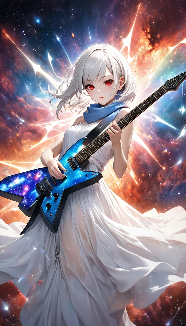 beautiful female demon with white as a base, red eyes, white hair, long dress, scarf, playing a star-shaped deformed electric guitar, background galaxy, octagram, shading effects, gradation magic effects, (ultra detailed, absolutely resolution, best quality:1.3), 2.5D, delicate and dynamic, artistic photography, hyper realistic, graphic CG digital art