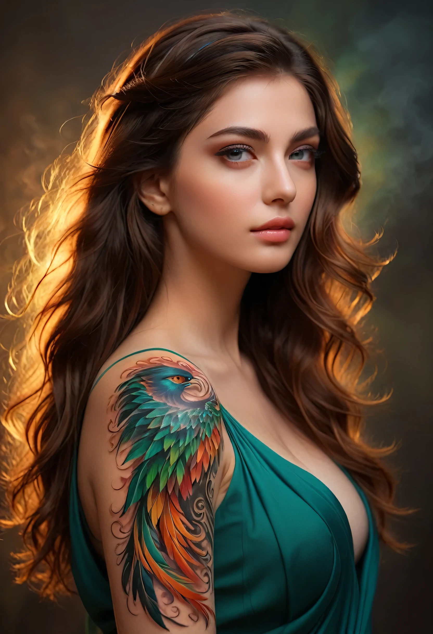 (best qualityer, 4K, 8k, high resolution, work of art: 1.2), ultra-detailded, (ultra-realistic, photorrealistic, photorrealistic: 1.37) a beautiful young brunette with a complex and colorful phoenix tattoo on her arm, 18 years old, Incredible beauty, intricate detailded fractal tattoo, realistic detailded color tattoo, highly detailded body art, delicate female portrait, perfect  skin, skin fair, greeneyes, elegant facial features, loose loose hair, dynamic pose, dramatic shadows, swirly vibrant colors, Fantasyart , digitalpainting, conceptual artwork, hyper realist, 8k, best qualityer, back to viewer, delicate fractal tattoo, professional photograpy, high qualiy, detailded, photorrealistic, soft natural lighting, Warm Color Palette, serene atmosphere, intricate detail tattoo, graceful pose,