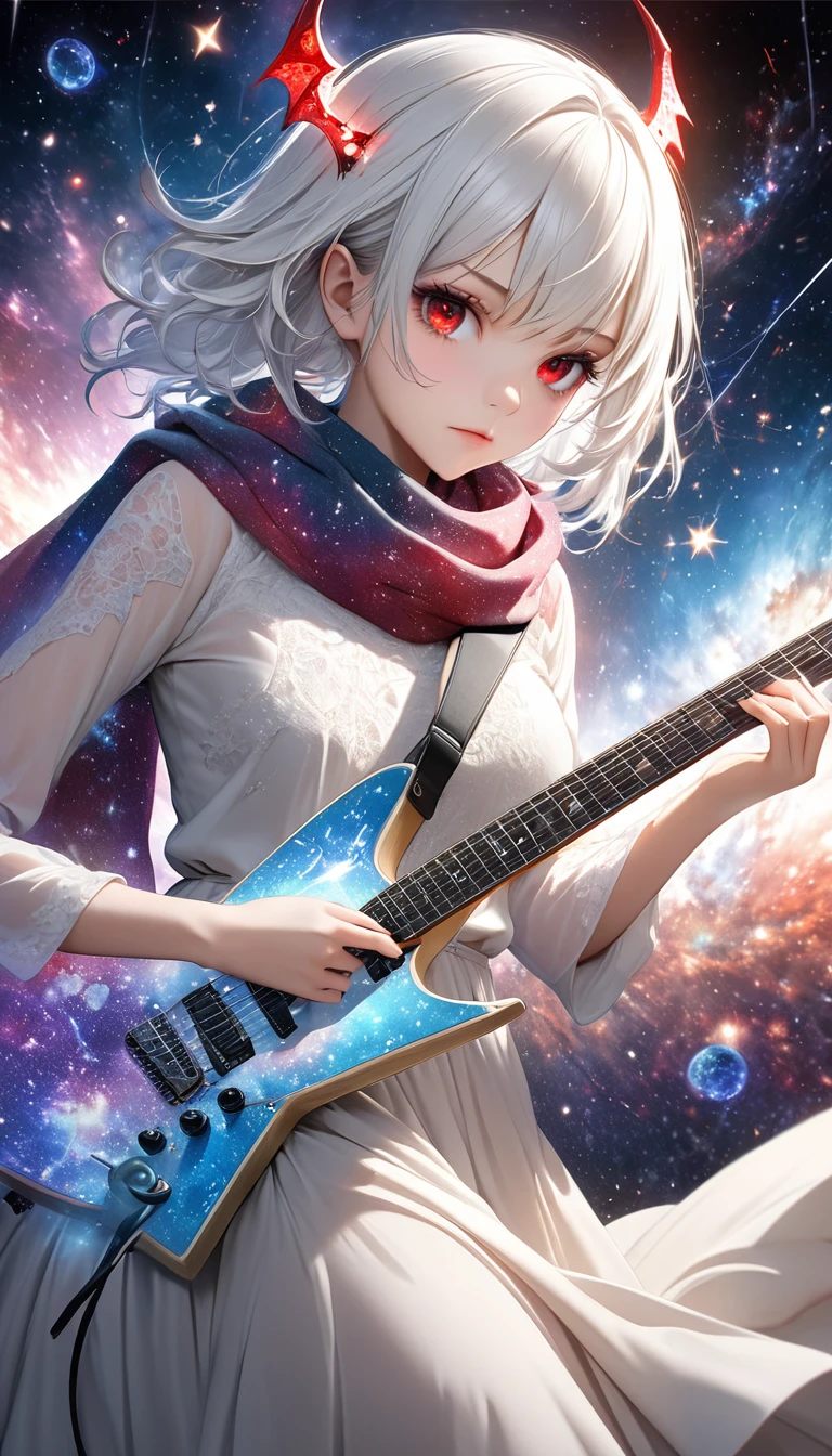 beautiful female demon with white as a base, red eyes, white hair, long dress, scarf, playing a star-shaped deformed electric guitar, background galaxy, octagram, shading effects, gradation magic effects, (ultra detailed, absolutely resolution, best quality:1.3), 2.5D, delicate and dynamic, artistic photography, hyper realistic, graphic CG digital art