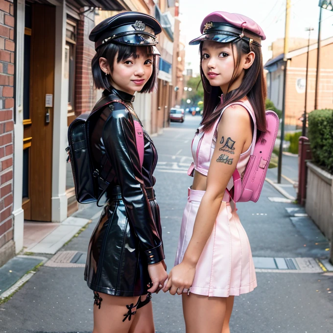 (Highest quality, masterpiece), Depth of written boundary, Detailed facial depiction,Two Girls、Facing each other、10 years old:1.5、Carry a school bag、Primary school gate:1.5、Elementary school building、Slender girl、Pink LaTeX Bondage Costume、Lace-up long boots、Leather garter belt、choker、Leather Short Military Cap、stud、rivet、tattoo、Show off your toes、Pink LaTeX Bondage Fashion、Heart symbol:1.6、Carry a school bag、Side view、