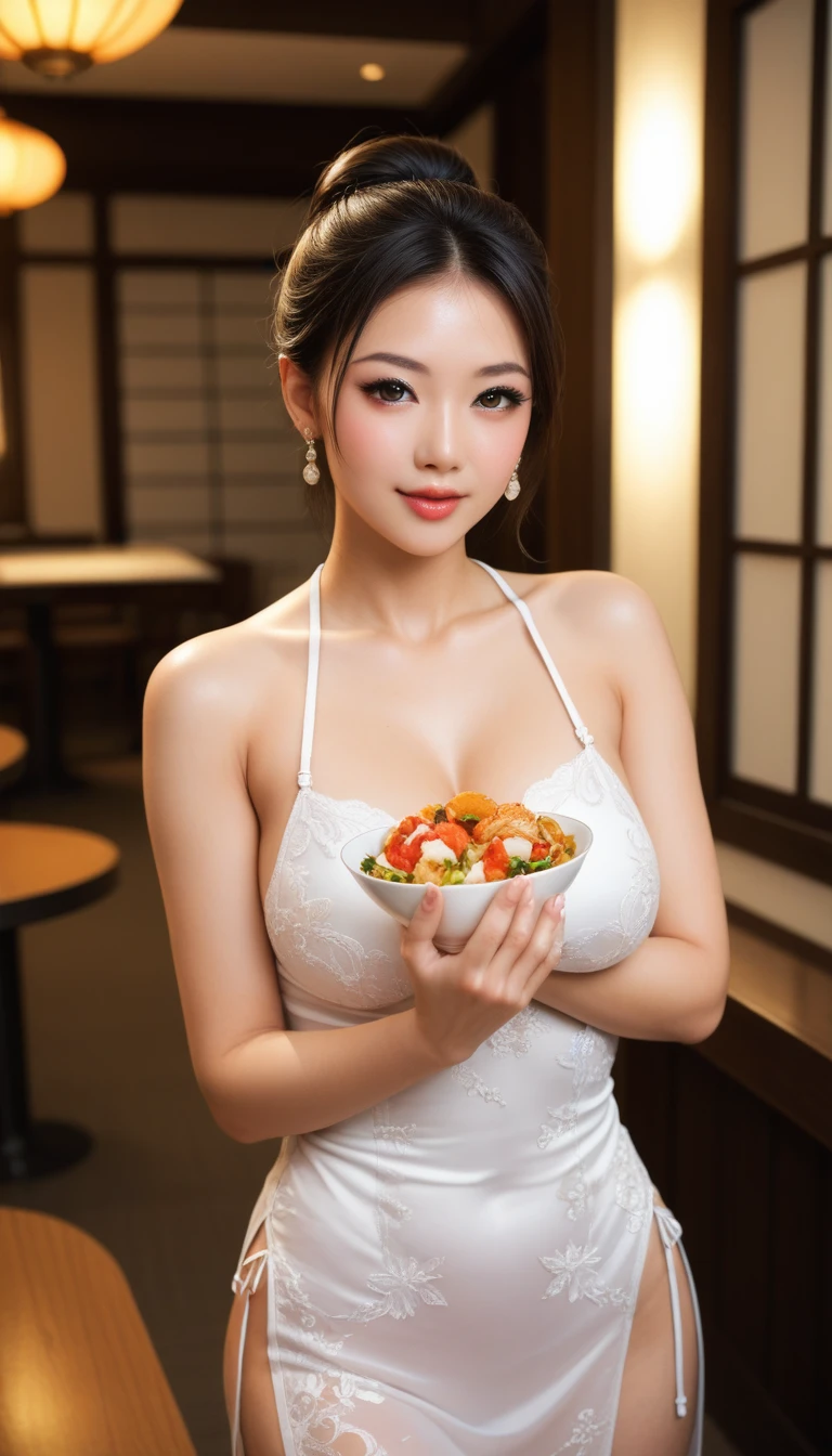 (masterpiece,Highest quality,Ultra-high resolution),1 female,A Japanese woman works at a Chinese restaurant,Carrying food,(((Beautiful Face,Detailed face,Beautiful Eyes,Beautiful Nose,Pretty lips))),(((Beautiful Skin))),(Glowing Skin),Wearing a see-through white Chinese dress,High heels,Beautiful feet,functional,(((hand))),(front:1.5),((Cowboy Shot:1.5)),((hand))