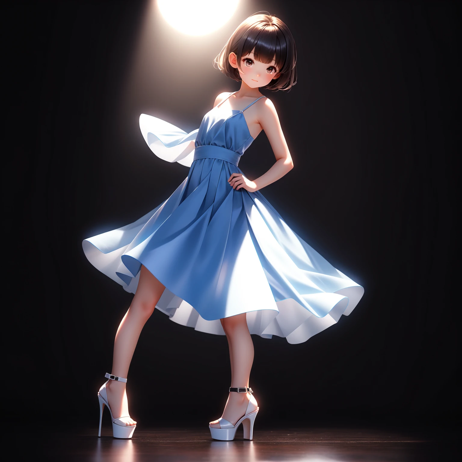 High resolution,Highest quality,high resolution,8k,Cute middle school girl,Junior idol,Cute 12 year old girl,Photo Studio Background,whole body, No makeup,Beautiful woman in a tube dress and pencil skirt、whole bodyショット、Pale blue dress、short hair、White platform high heels、Cross Strap、White heels、Platform heels、two Cross Straps、Face Light,Dynamic Lighting,Delicate features,,whole body,Movie Light,Digital single-lens reflex camera,Soft Light