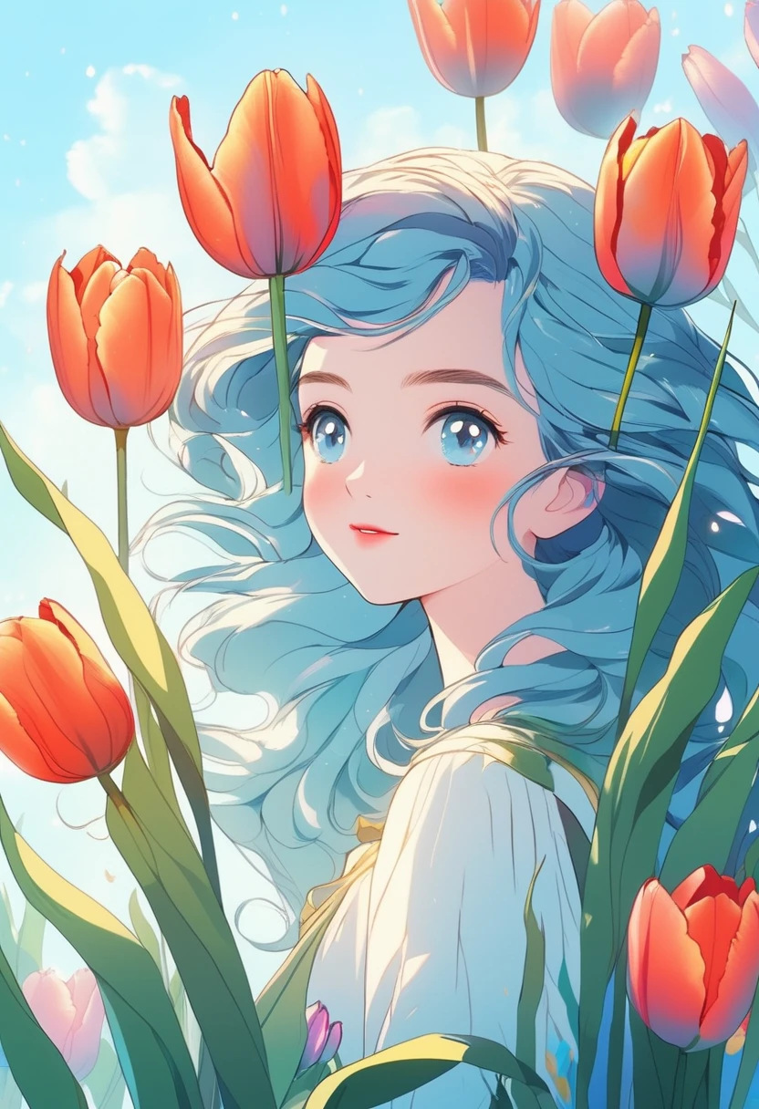 Illustrator, pale skin girl holding very large tulip stem, playful, bright theme, fantasy, (best quality, 4k, 8k, high resolution, masterpiece: 1.2), highly detailed, (realistic: 1.37), illustration, (17 year old beauty details), magic flower, blue gradient background, neon hair, textured, (masterpiece, best quality),