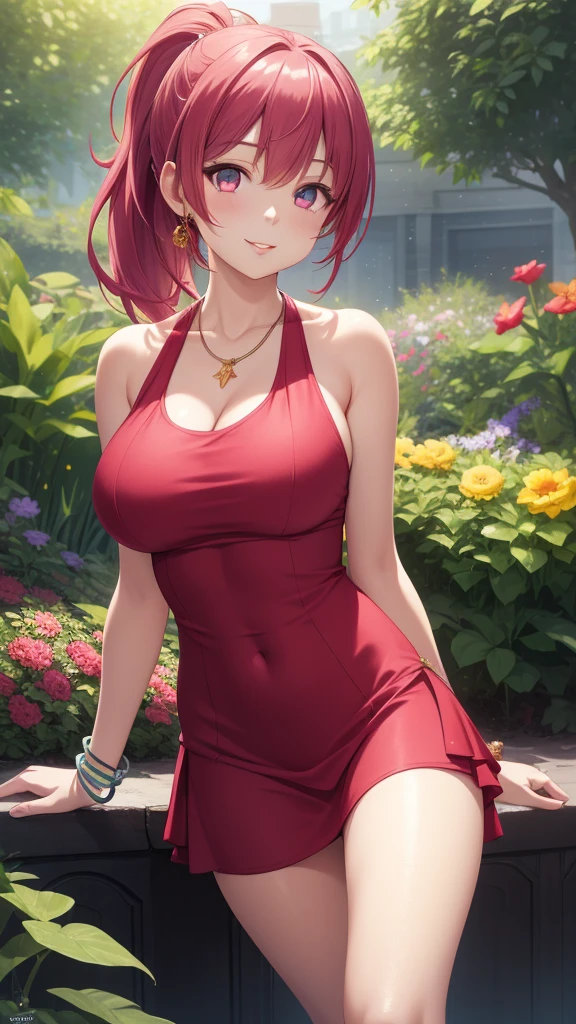 1girl, natural lighting, masterpiece, highly detailed, illustration, game CG, absurdres, high quality, aichan, large breasts, beautiful detailed eyes, medium bright pink hair, ponytail, bangs, glossy lips, light smile, garden, halter top layered minidress, bracelets, necklace, jewelry,