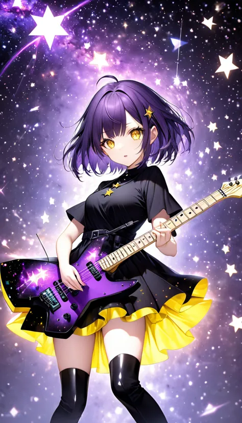 cute female demon with purple as a base, purple short hair, one tail, yellow eyes, black dress, black knee-high boots, playing a...