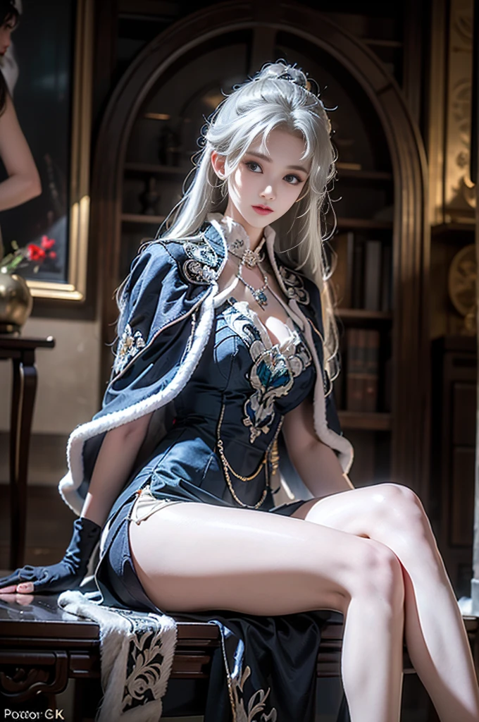 guqinghan,cangyugezhu,
chinese clothes, china theme, blue dress,white lace trimgloves, Fur trim, side slit, cape, shawl, ((1 girl, Elegant posture)), Natural leg proportions, Visible cleavage, masterpiece, ((Sexy long legs, Very beautiful legs)), (best quality, 4K, 8K, high resolution, masterpiece:1.2), Extremely detailed, (Practical, photoPractical, photo-Practical:1.37), Official Art, CG, Anatomically correct, Random Scenes, Random shooting angle, Movie, photography, Intricate background, Soft lighting, Subtle shadows, Vibrant colors, Expressive eyes, Beautiful, high class boutique, Ambience, A moment of honesty, Natural expression, Detailed texture, Fine details, Refined and elegant, Exquisite style, Artistic Composition, Beautifully presented.