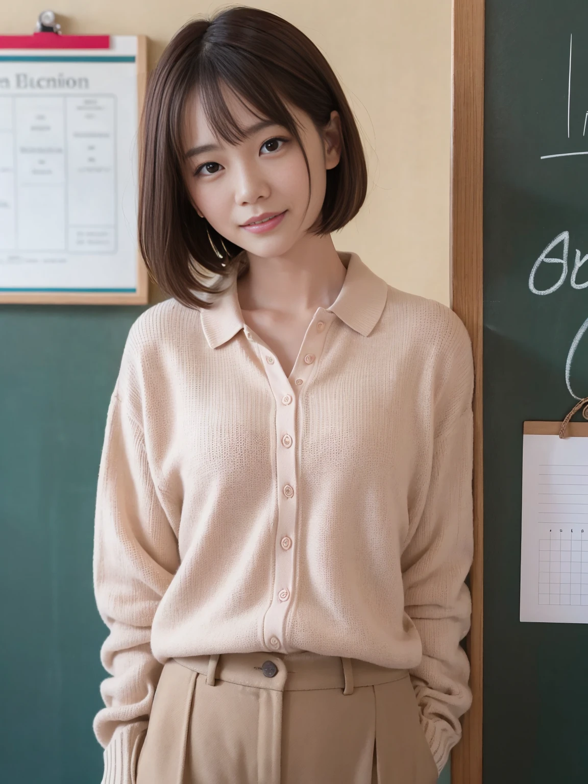 (One woman), short bob, 28 years old, Japanese, brown eyes, brown hair, slim figure, flat chest, rosy cheeks, flushed face,
Break
Clothing
Clothing
Pastel pink polo shirt, beige chinos, blue cardigan around neck.
Expression and background
Writing equations on the blackboard with a serious expression. You can see that she is studying with a smile and having fun. The background is her study room at home, with a timetable posted on the wall.