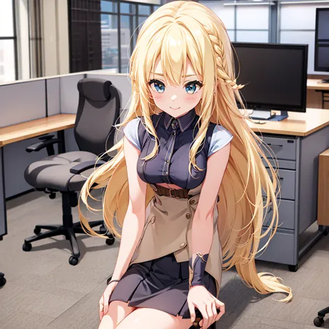 one girl, long hair, gaze, chest, smile, blonde, large top quality, office、suit、shirt、tight skirt、desk、computer、deskチェア、sitting