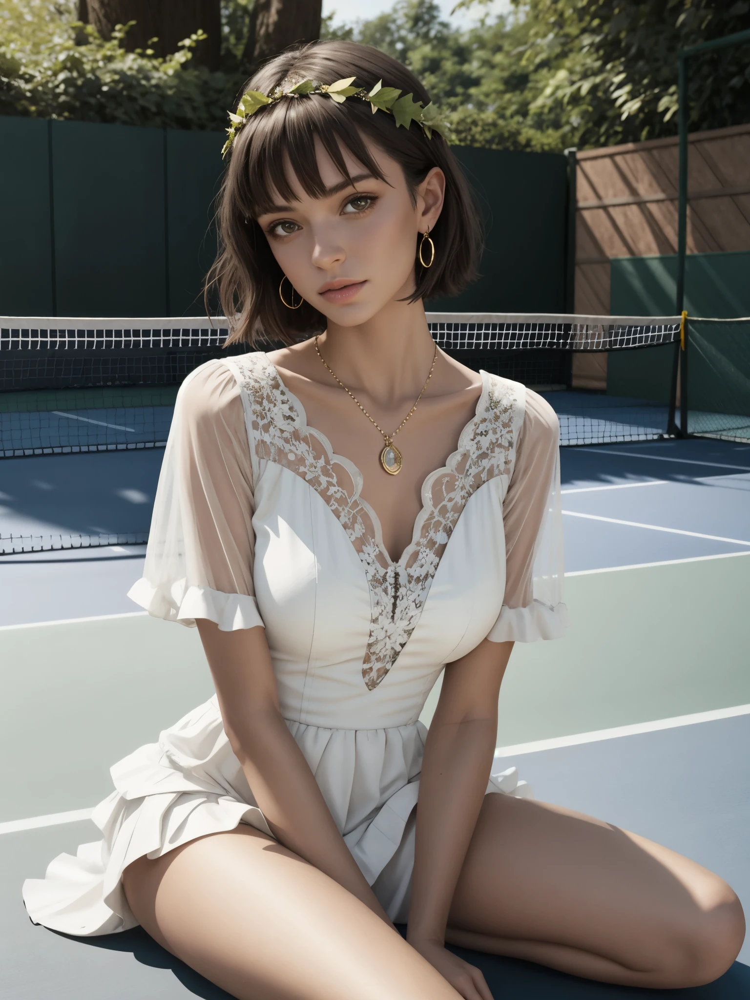 1girl, fitted bodice tennis dress, flared skirt, hand on chest, detailed face, (looking at viewer:1.4), head tilt, layered pixie haircut, thighs, indoors tennis court, ((best quality, masterpiece:1.2), (best illustration), (extremely detailed illustration), (intricate white clothing theme:1.2), leotard, meme attire, bikini, earrings, hoop earrings, jewelry, strapless bikini, swimsuit, antlers, necklace, swimsuit, one-piece, forest green, earthy brown, woodland theme, twig bodice, vine straps, leaf accents, bikini bottom detailing, twig crown, leafy hair accessories, earthy makeup, nature-inspired, forest nymph, enchanted forest, fantasy fashion, silk leaves, real twigs, vines, fabric leaves, rustic look, magical essence:0.8),