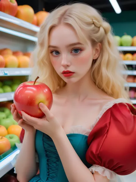 brightly-lit supermarket, a young woman is holding a strange and unusually large glowing apple, wrapped in a translucent film, a...