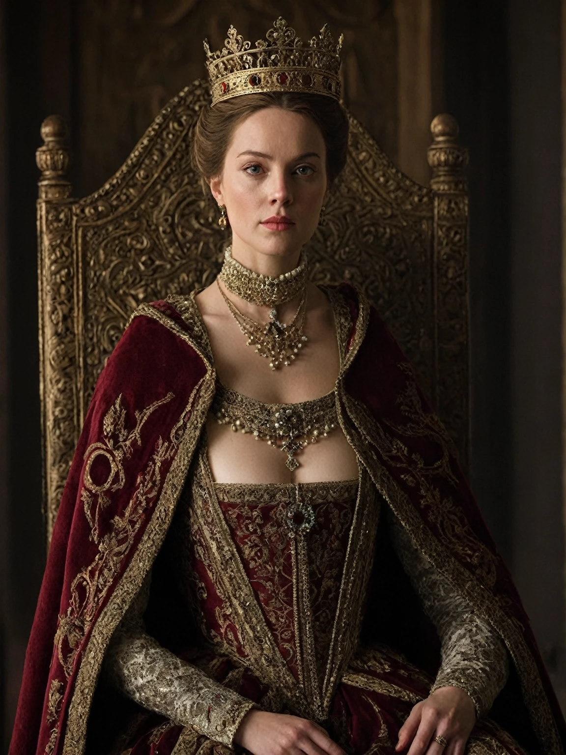 15th century British duke woman,30-year-old,cape,crown,throne room,sinister expression,cinematic still,hyperdetailed photography,best quality,masterpiece,realistic,best quality,Highly detailed,front view,