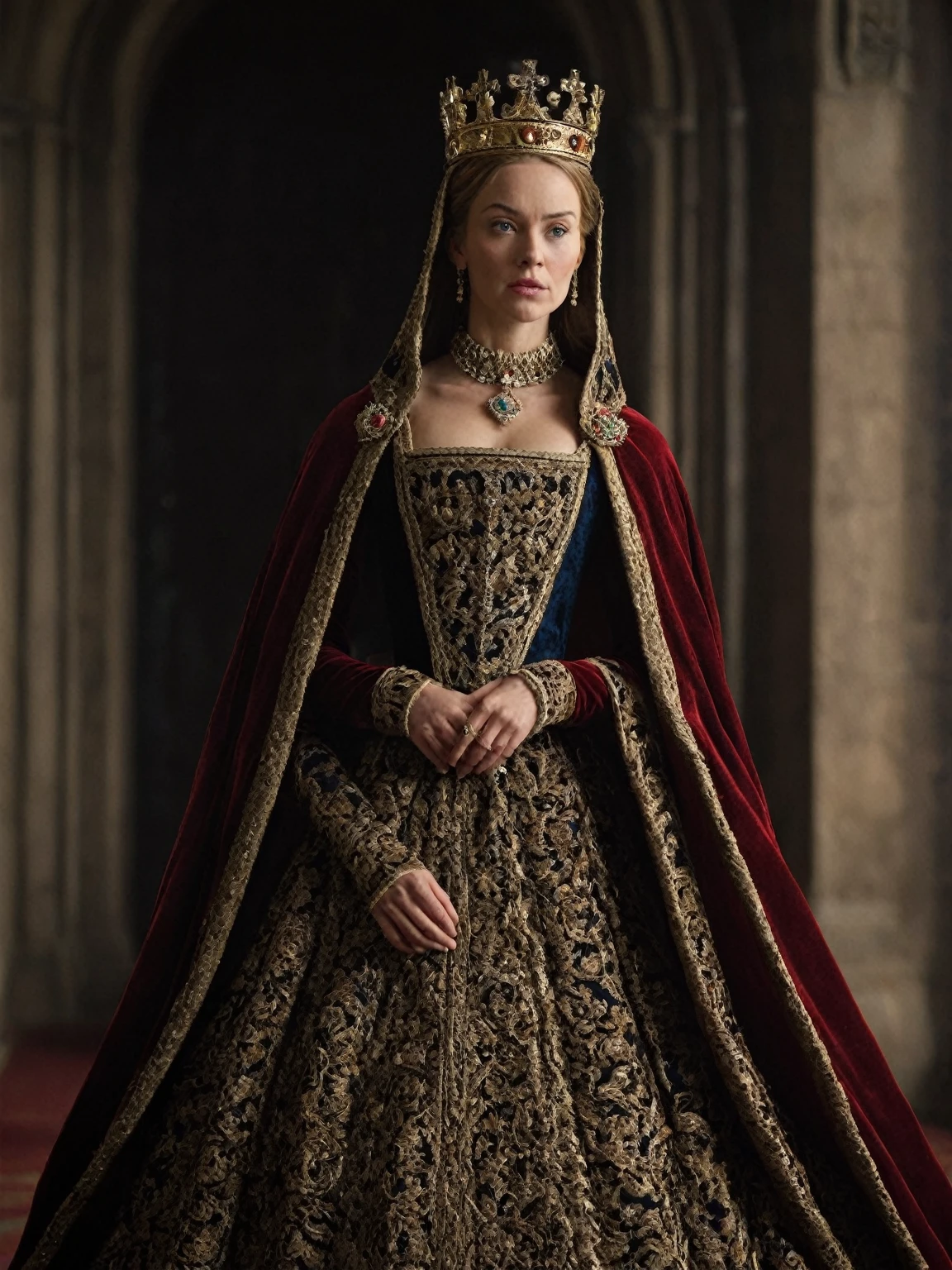 15th century British duke woman,30-year-old,cape,crown,throne room,sinister expression,cinematic still,hyperdetailed photography,best quality,masterpiece,realistic,best quality,Highly detailed,front view,